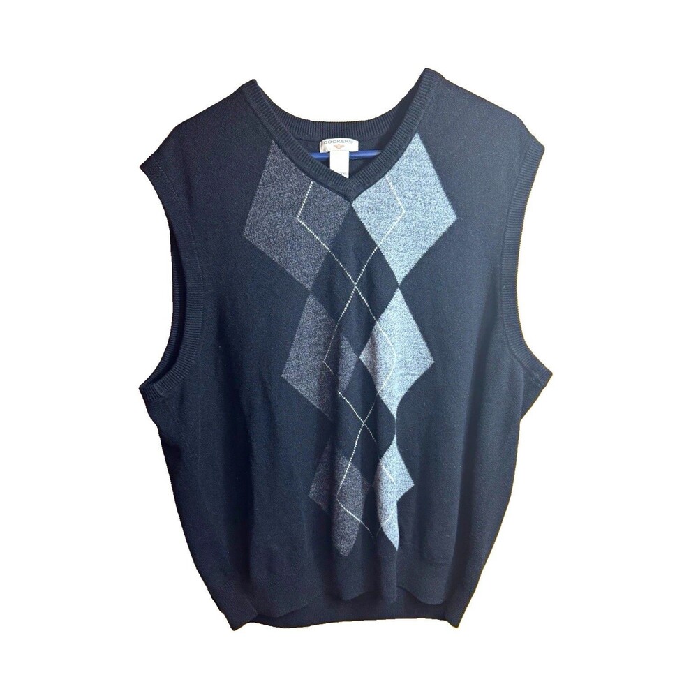 Dockers Men's 2XL Black/Gray Argyle V-Neck Knit Acrylic Sweater Vest Logo